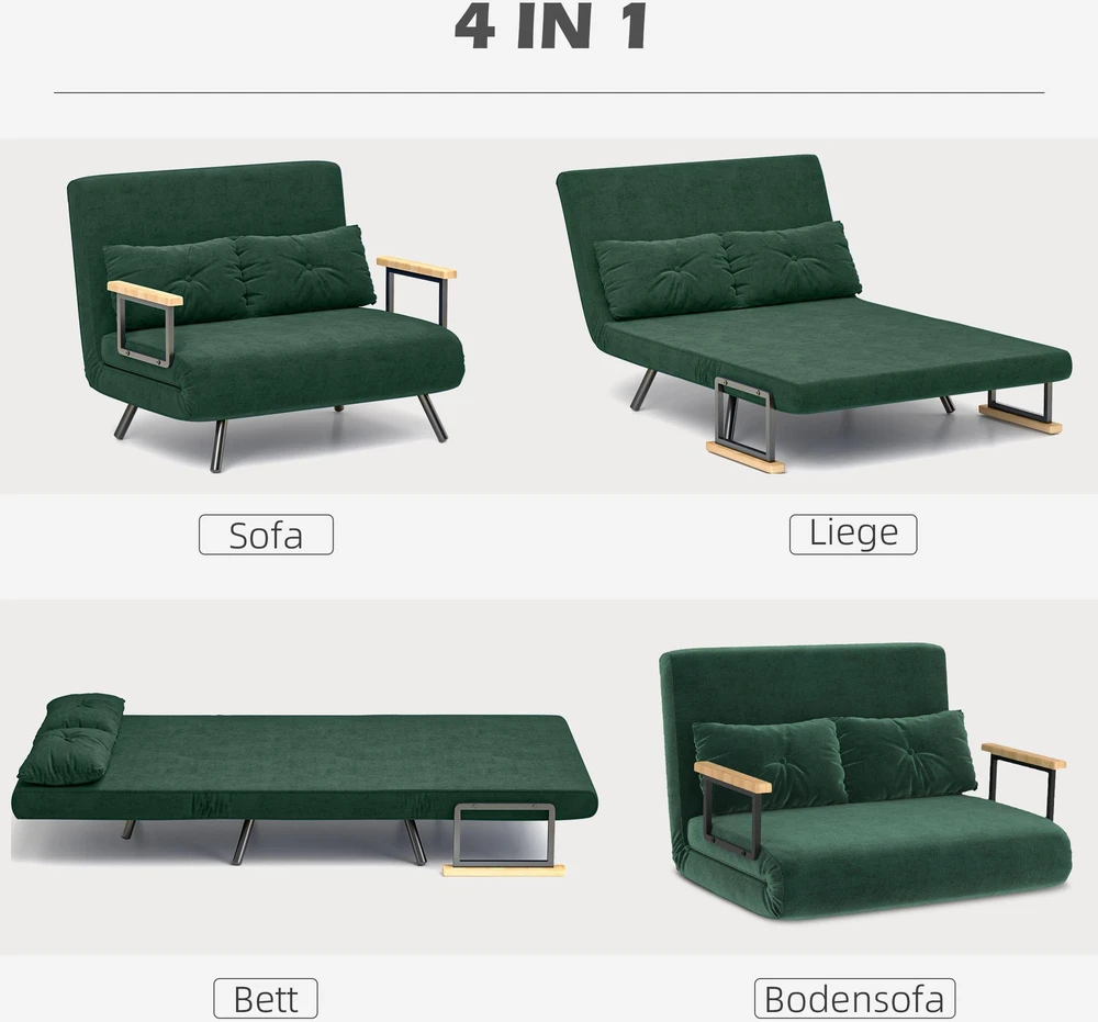 Dvivietė miegamoji sofa, aksominė sofa su miegojimo funkcija, įskaitant 2 pagalvėles, aksominė išvaizda, natūrali + žalia