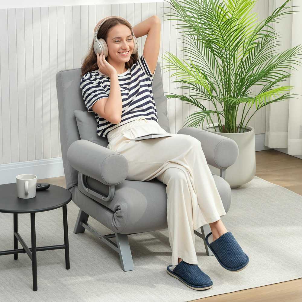 Miegamoji sofa-kėdė, paminkštintas fotelis, transformuojamas į svečių lovą, ergonomiškas, šviesiai pilkas