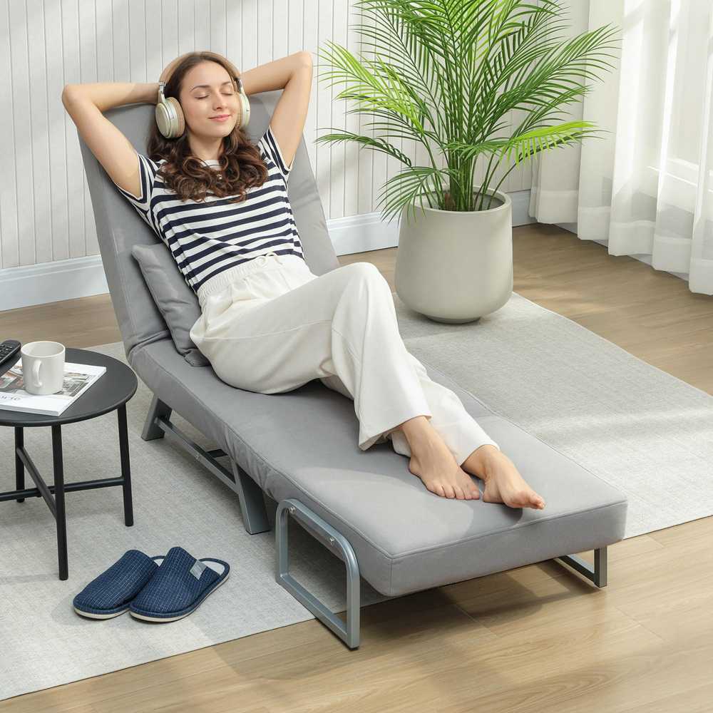Miegamoji sofa-kėdė, paminkštintas fotelis, transformuojamas į svečių lovą, ergonomiškas, šviesiai pilkas