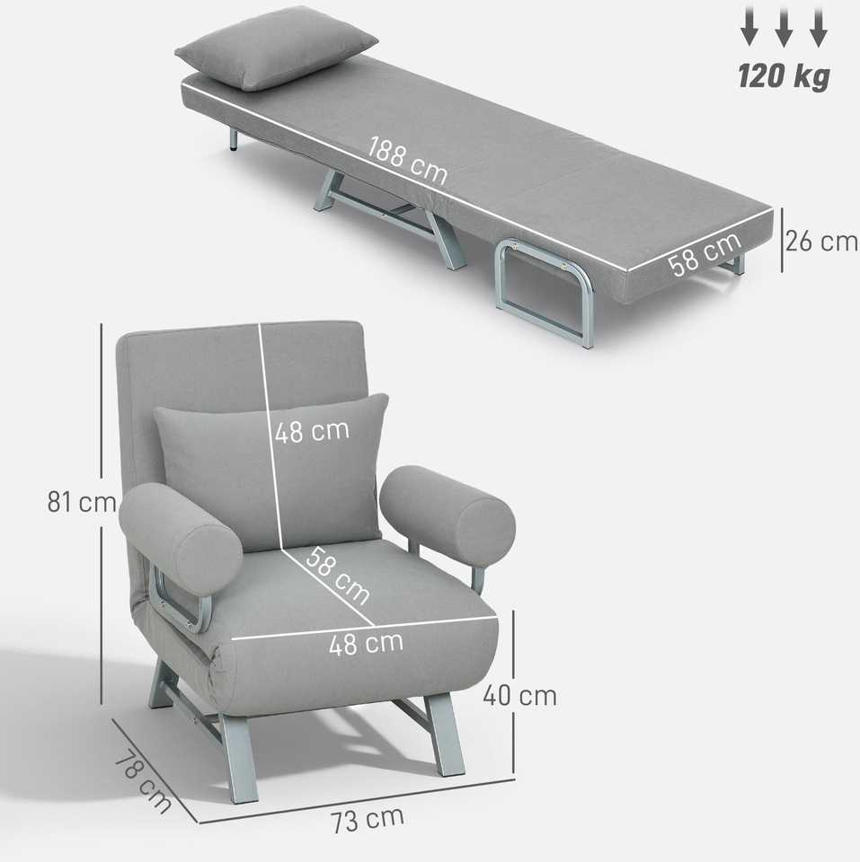 Miegamoji sofa-kėdė, paminkštintas fotelis, transformuojamas į svečių lovą, ergonomiškas, šviesiai pilkas
