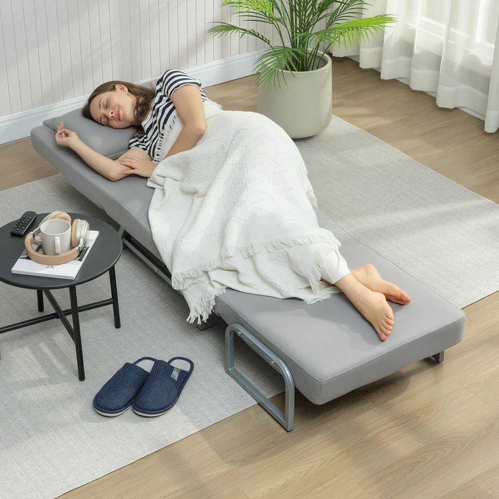 Miegamoji sofa-kėdė, paminkštintas fotelis, transformuojamas į svečių lovą, ergonomiškas, šviesiai pilkas