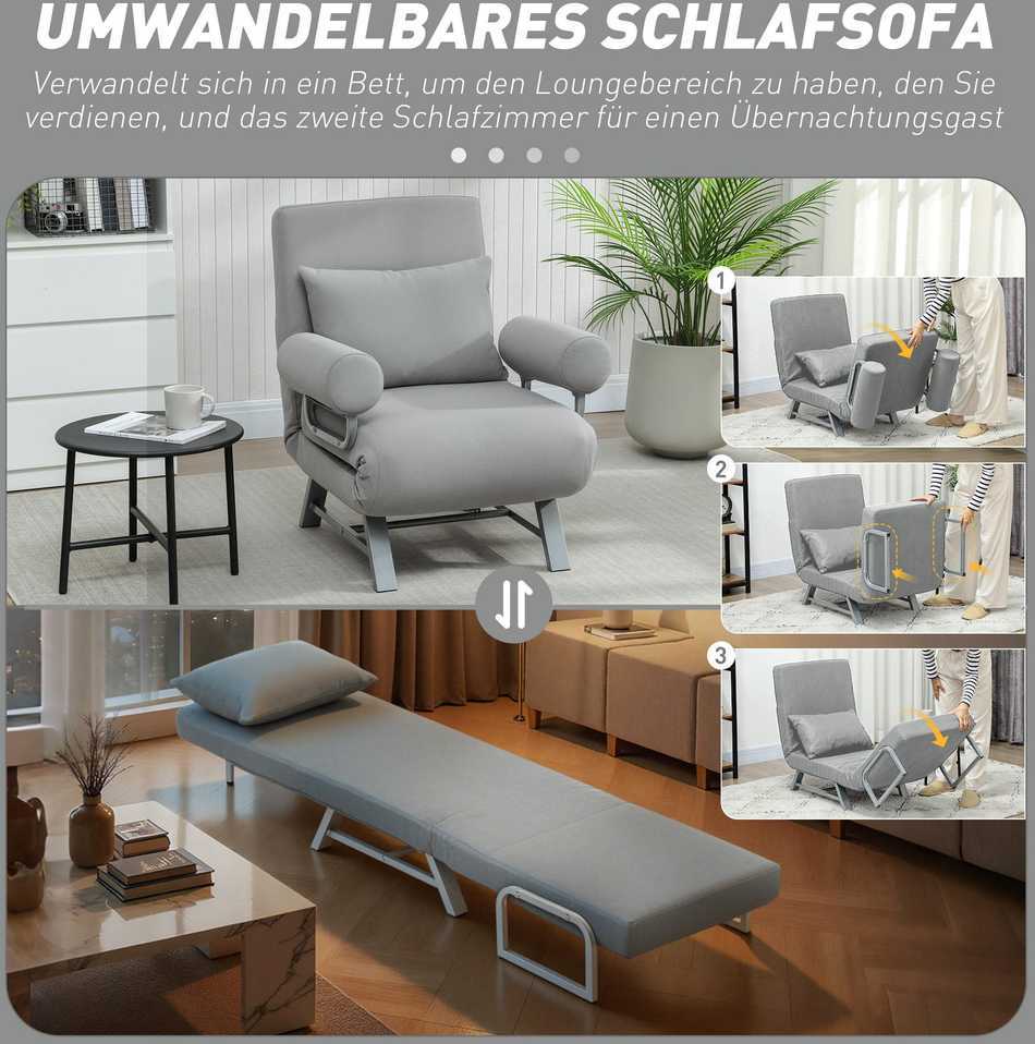Miegamoji sofa-kėdė, paminkštintas fotelis, transformuojamas į svečių lovą, ergonomiškas, šviesiai pilkas