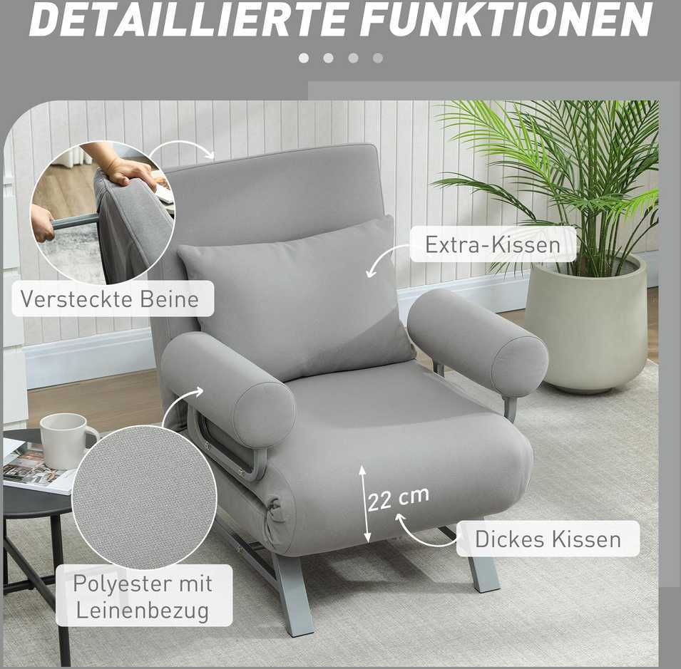 Miegamoji sofa-kėdė, paminkštintas fotelis, transformuojamas į svečių lovą, ergonomiškas, šviesiai pilkas