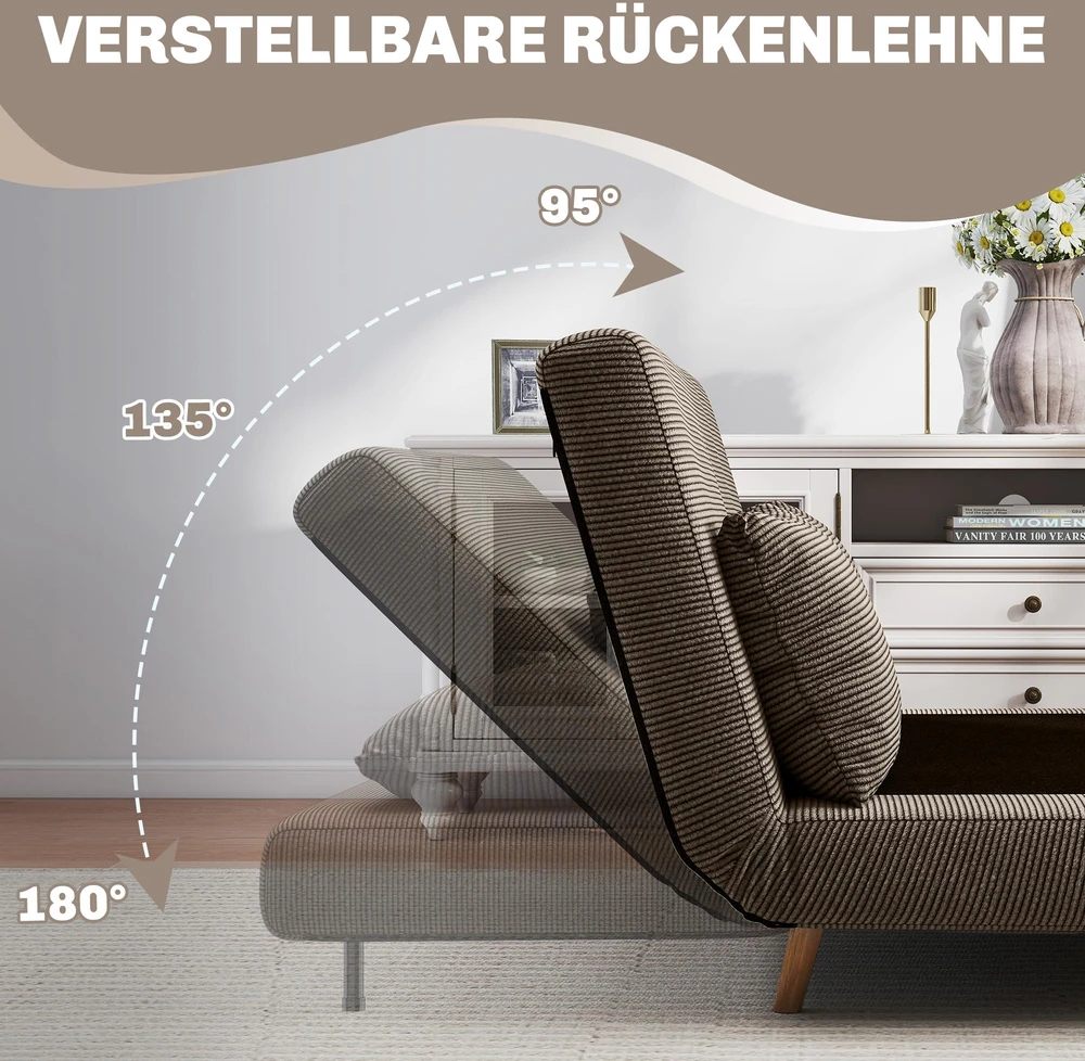 Miegamoji sofa, svečių lova, 3 padėčių reguliuojamas atlošas, kordo audinio išvaizda, iki 120 kg, 141 x 90 x 81 cm, tamsiai rudas