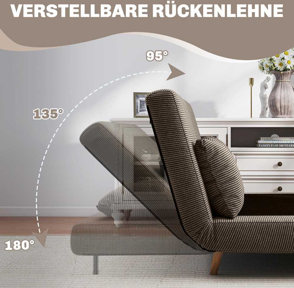 Miegamoji sofa, svečių lova, 3 padėčių reguliuojamas atlošas, kordo audinio išvaizda, iki 120 kg, 141 x 90 x 81 cm, tamsiai rudas