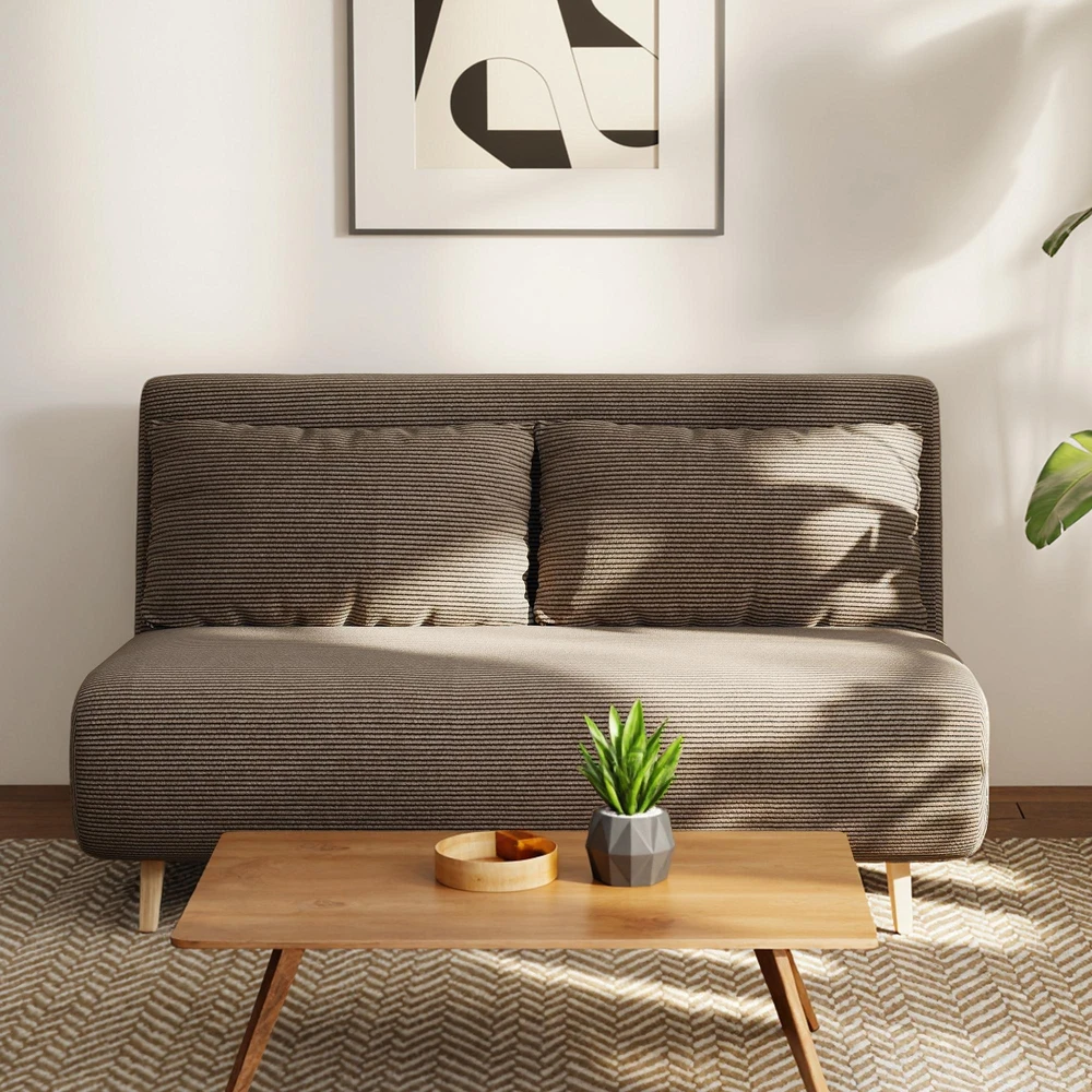 Miegamoji sofa, svečių lova, 3 padėčių reguliuojamas atlošas, kordo audinio išvaizda, iki 120 kg, 141 x 90 x 81 cm, tamsiai rudas