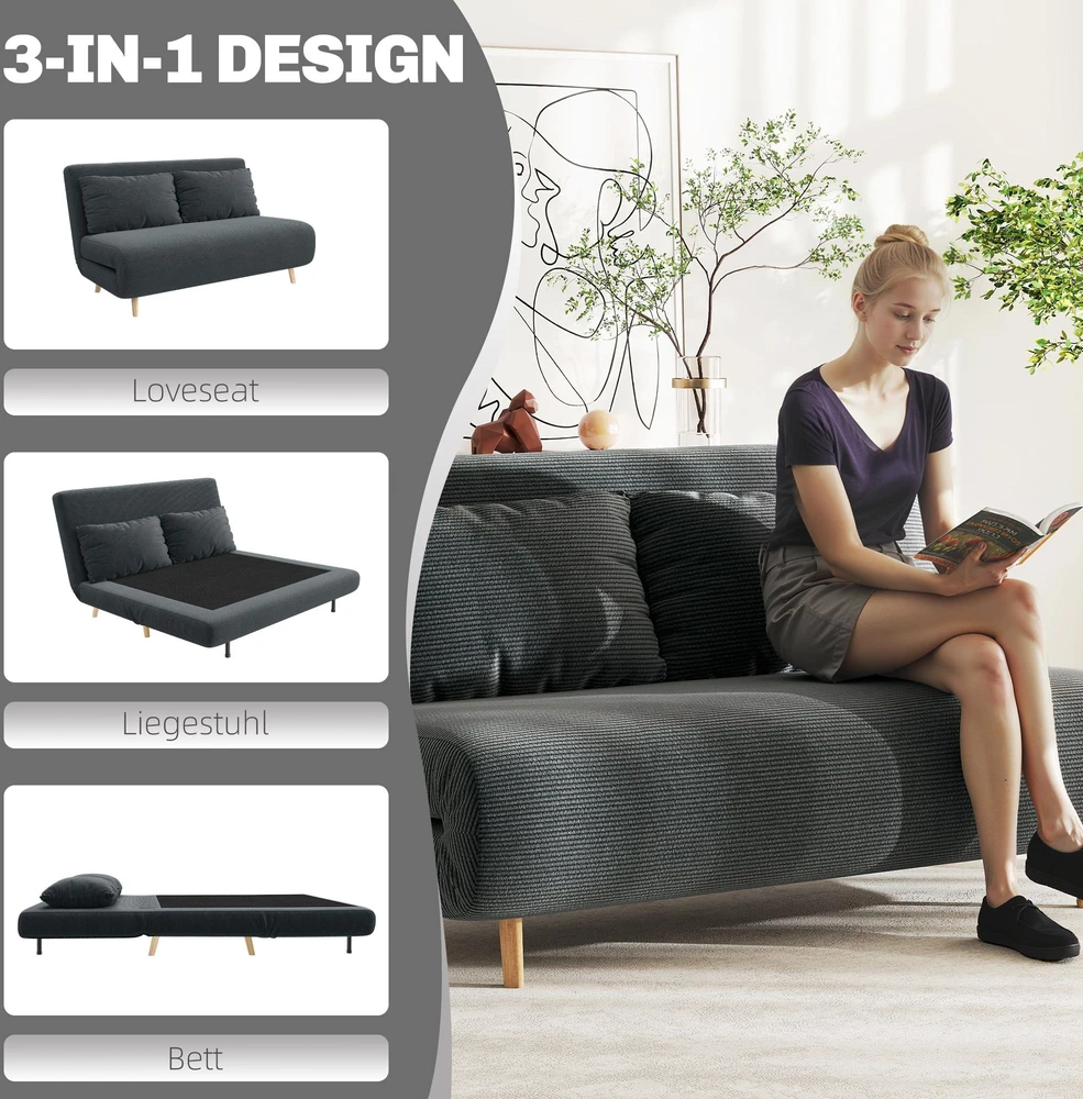 Sofa-lova, svečių lova, 3 padėčių atlošas, tvirtas audinys, iki 120 kg, 141 x 90 x 81 cm, tamsiai pilka