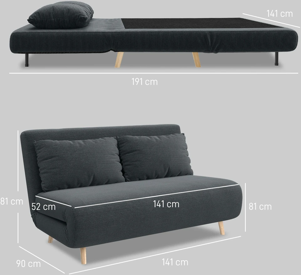 Sofa-lova, svečių lova, 3 padėčių atlošas, tvirtas audinys, iki 120 kg, 141 x 90 x 81 cm, tamsiai pilka