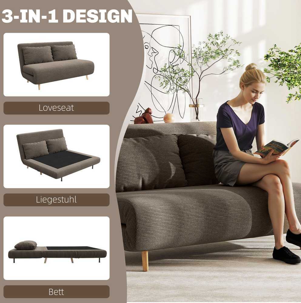 Miegamoji sofa, svečių lova, 3 padėčių reguliuojamas atlošas, kordo audinio išvaizda, iki 120 kg, 141 x 90 x 81 cm, tamsiai rudas