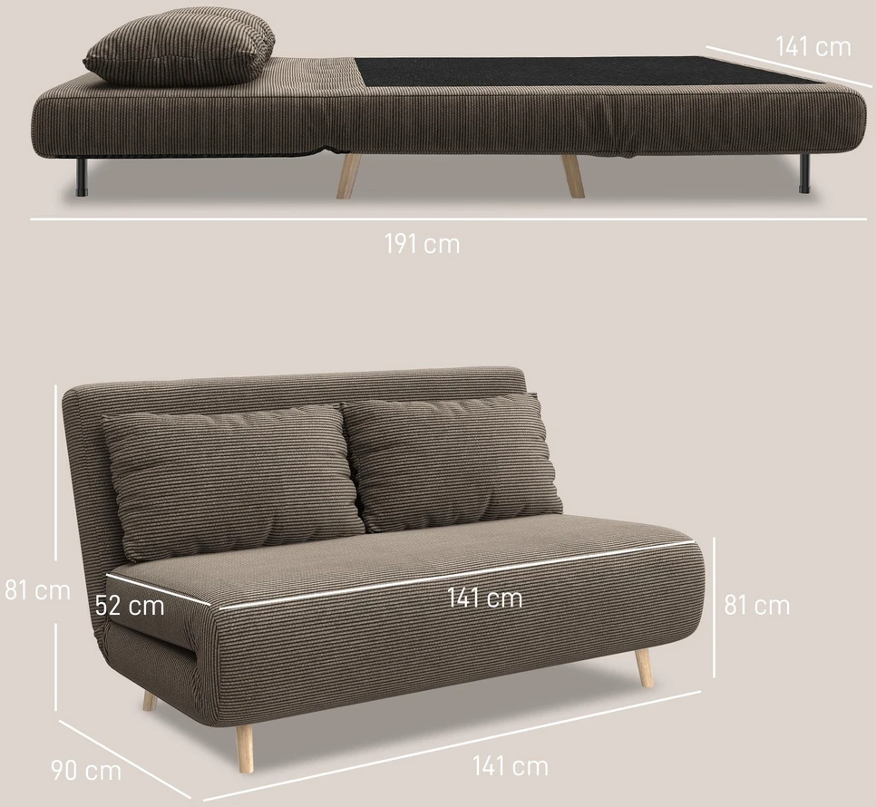Miegamoji sofa, svečių lova, 3 padėčių reguliuojamas atlošas, kordo audinio išvaizda, iki 120 kg, 141 x 90 x 81 cm, tamsiai rudas