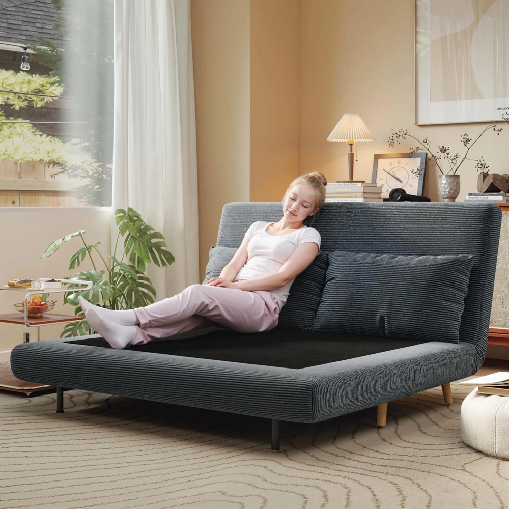 Sofa-lova, svečių lova, 3 padėčių atlošas, tvirtas audinys, iki 120 kg, 141 x 90 x 81 cm, tamsiai pilka