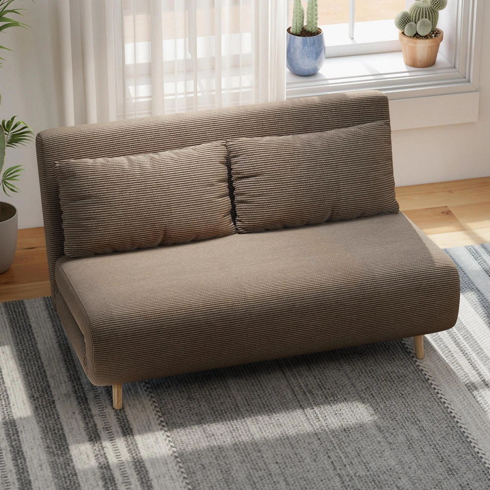 Miegamoji sofa, svečių lova, 3 padėčių reguliuojamas atlošas, kordo audinio išvaizda, iki 120 kg, 141 x 90 x 81 cm, tamsiai rudas