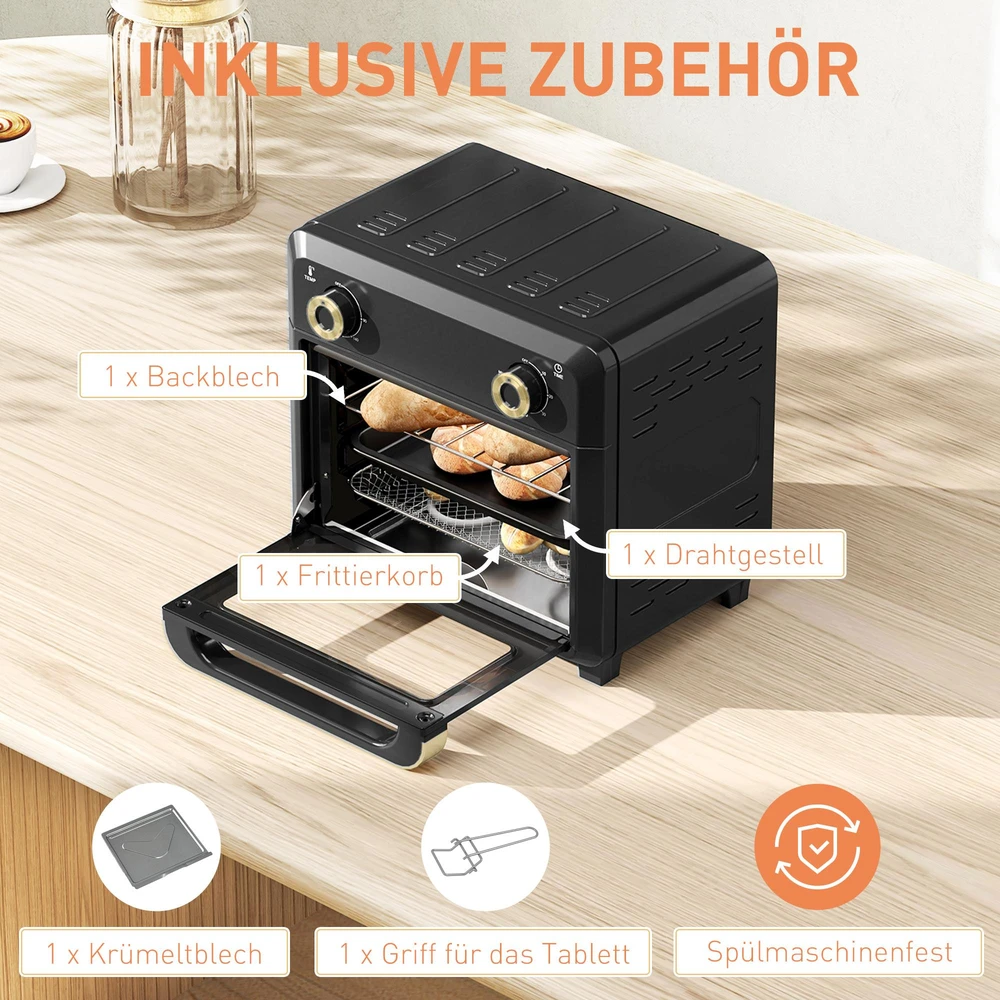 Mini orkaitė su konvekcija, oro gruzdintuvė, laikmatis, vidinis apšvietimas, 10 l, juoda
