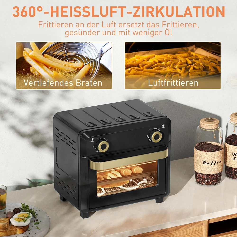 Mini orkaitė su konvekcija, oro gruzdintuvė, laikmatis, vidinis apšvietimas, 10 l, juoda