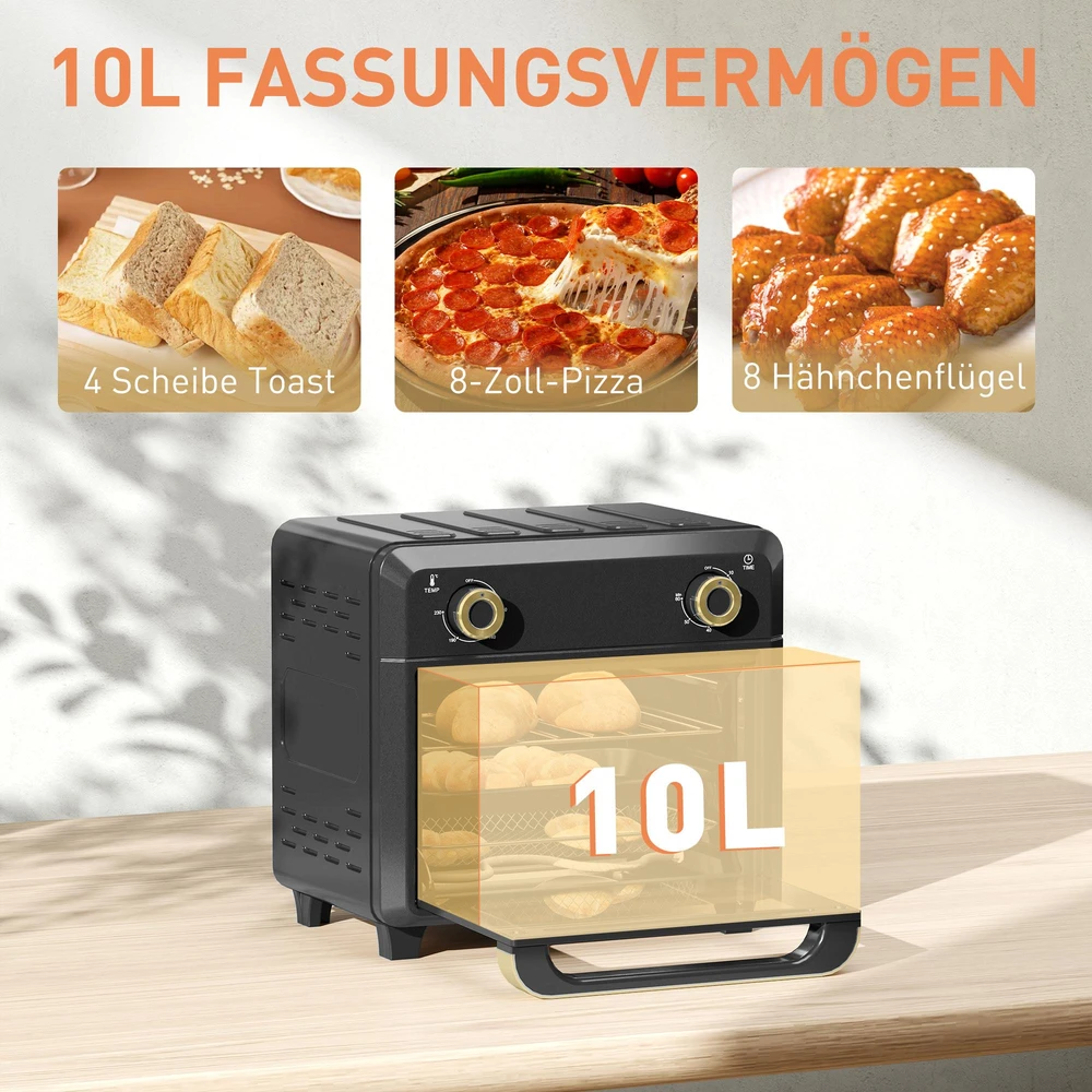 Mini orkaitė su konvekcija, oro gruzdintuvė, laikmatis, vidinis apšvietimas, 10 l, juoda