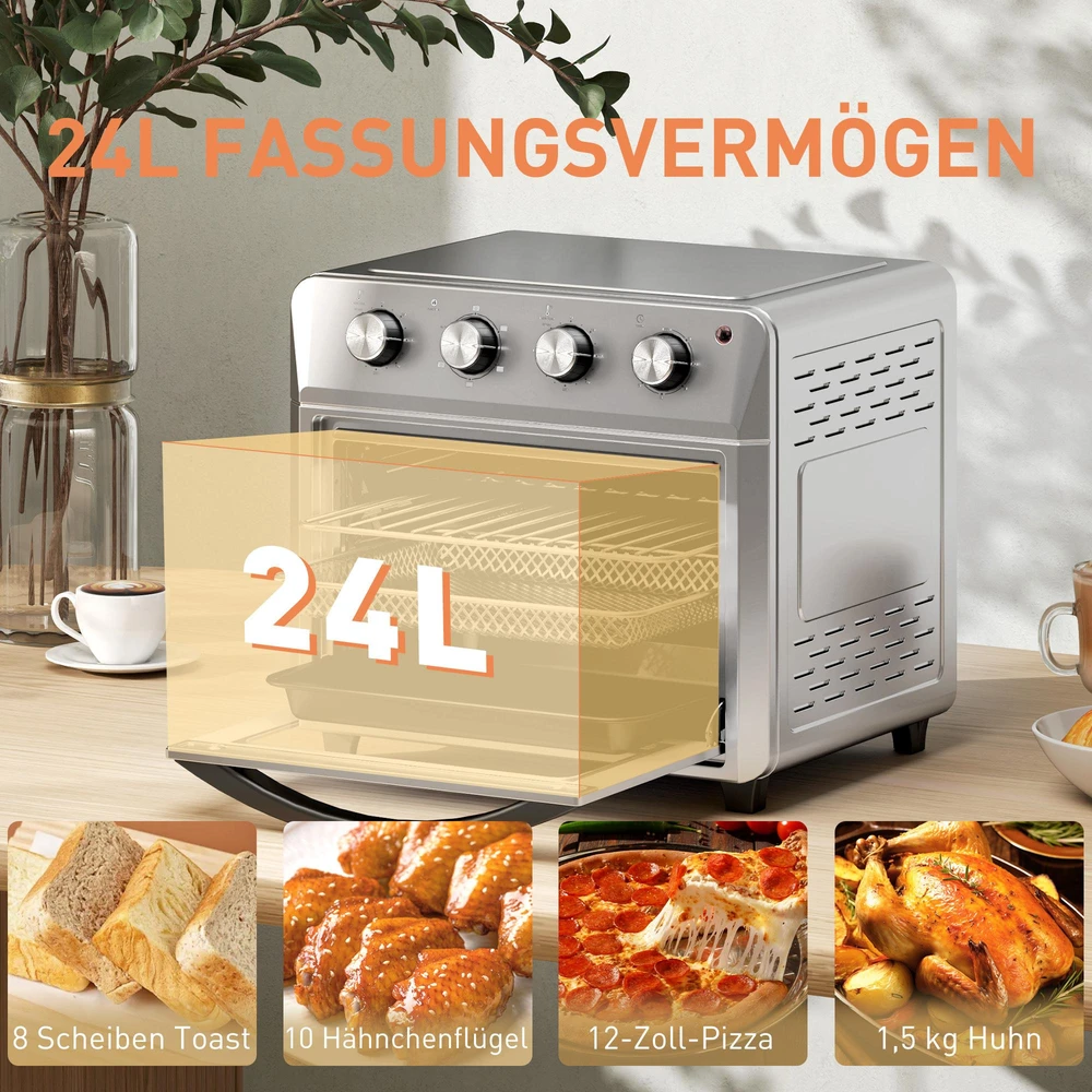 Elektrinė krosnelė Mini orkaitė su konvekcija, oro gruzdintuvė, 6 kaitinimo režimai, laikmatis, priedai, 24 l, sidabrinė