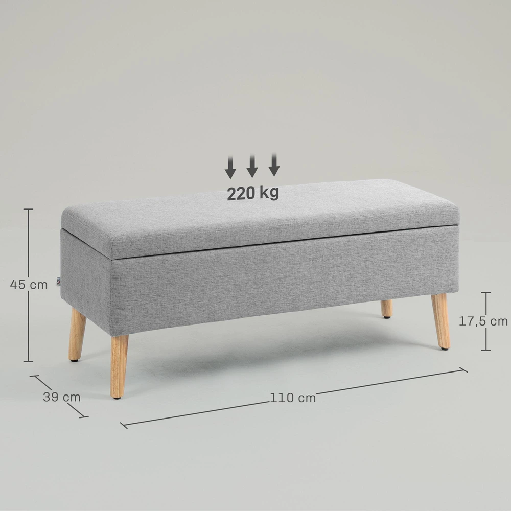 HOMCOM suoliukas su daiktadėže, minkštas suoliukas su lino audinio išvaizda, skirtas prieškambariui, miegamajam, svetainei, guminio medžio kojelės, pilkas, 110 x 39 x 45 cm | Aosom