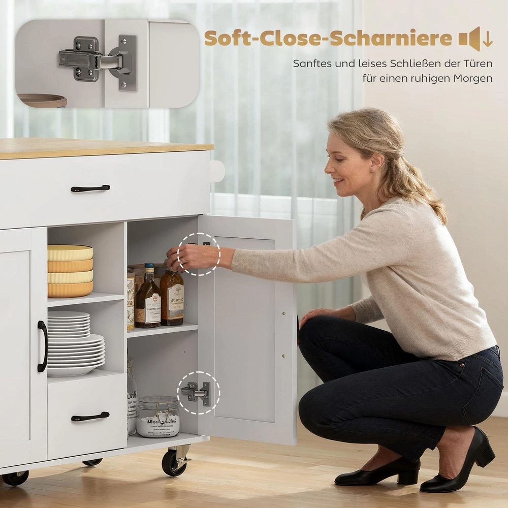 Mobilioji virtuvės salelė, išskleidžiamas darbinis paviršius, „Soft-Close“ durys, MDF, balta