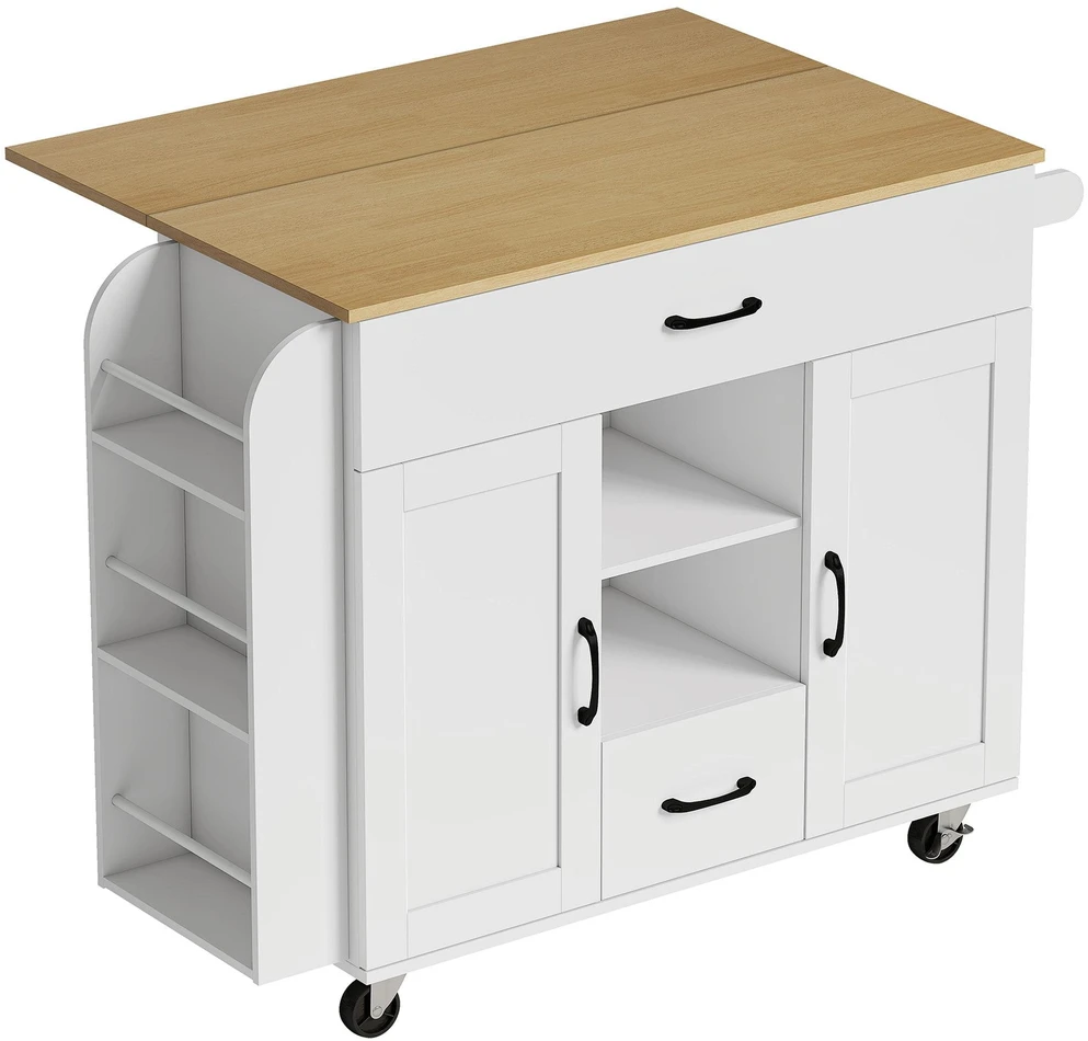 Mobilioji virtuvės salelė, išskleidžiamas darbinis paviršius, „Soft-Close“ durys, MDF, balta