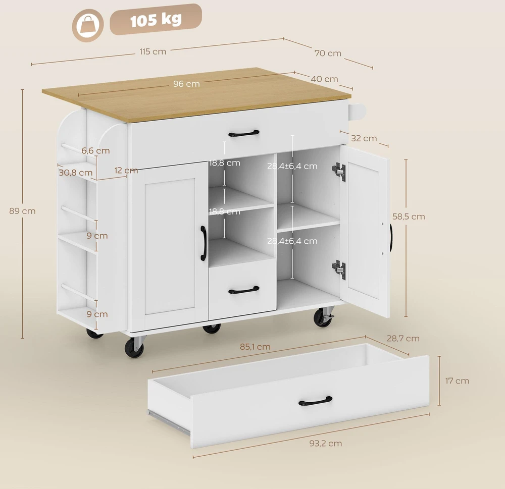 Mobilioji virtuvės salelė, išskleidžiamas darbinis paviršius, „Soft-Close“ durys, MDF, balta