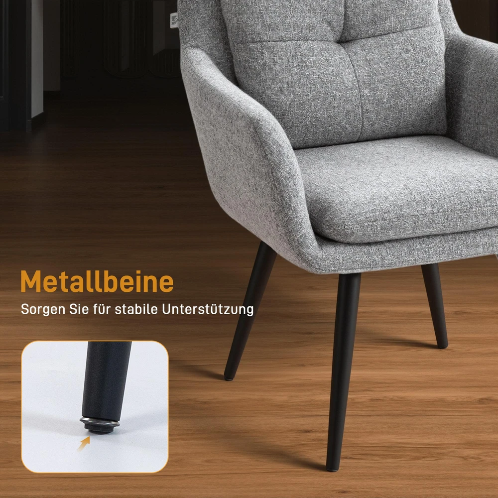 Fotelis Moderni akcentinė kėdė, minkšta kėdė su metalinėmis kojelėmis, lininio audinio išvaizda, šviesiai pilka
