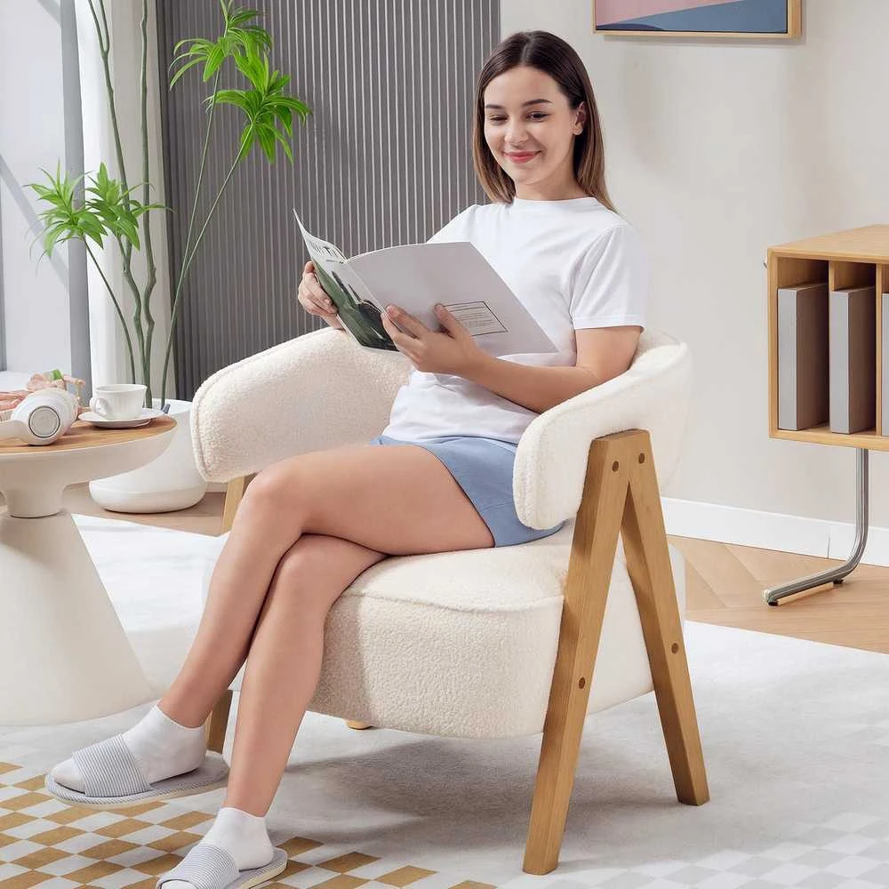 HOMCOM modernus minkštas krėslas, su vilnos audinio apmušalais, akcentinė kėdė, fotelis su medinėmis kojelėmis, metalinis rėmas, baltas