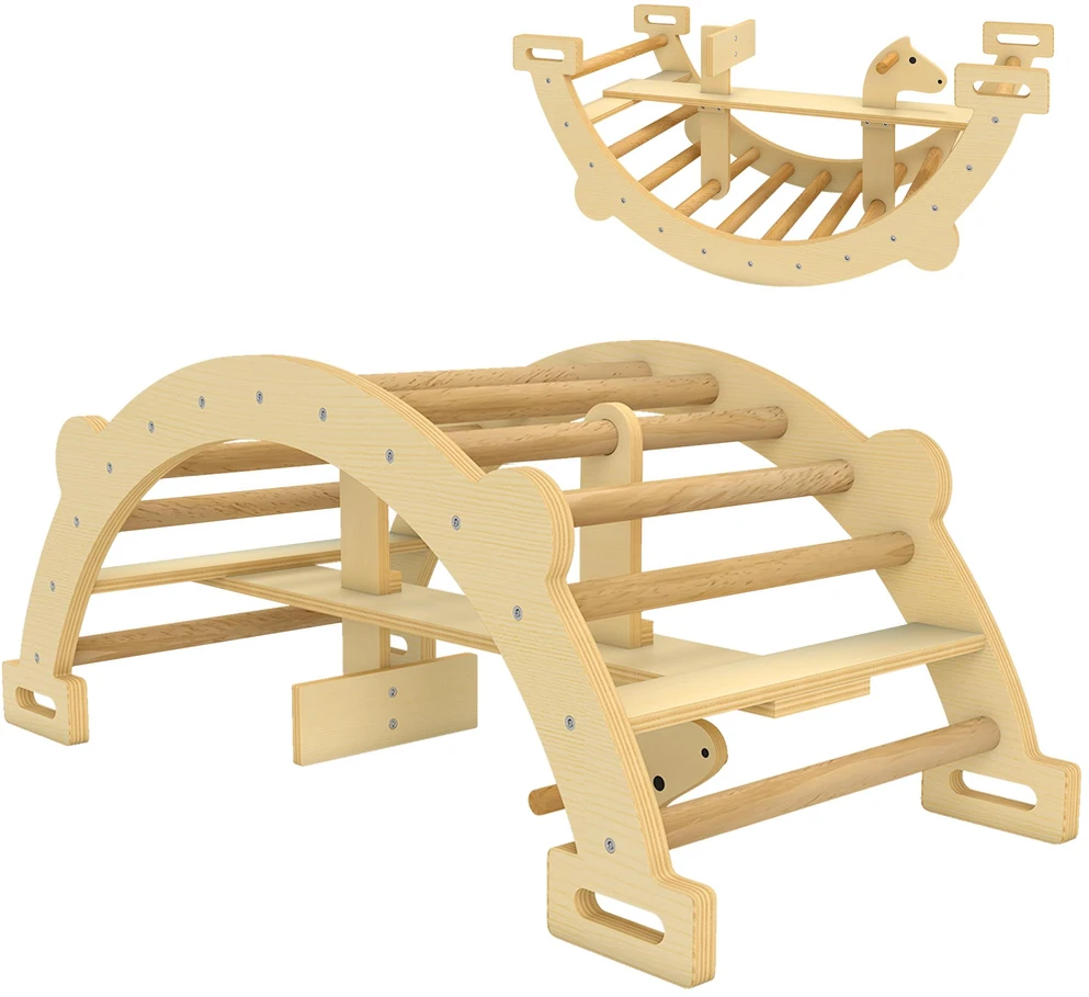 Montessori laipynė patalpai, 2 viename medinis laipiojimo lankas, vaikams nuo 2-4 metų, 110x52x45 cm, natūralus medis
