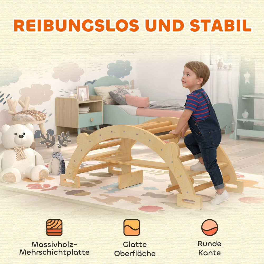 Montessori laipynė patalpai, 2 viename medinis laipiojimo lankas, vaikams nuo 2-4 metų, 110x52x45 cm, natūralus medis