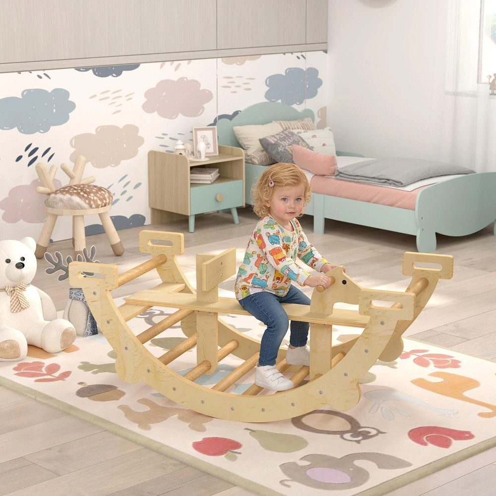 Montessori laipynė patalpai, 2 viename medinis laipiojimo lankas, vaikams nuo 2-4 metų, 110x52x45 cm, natūralus medis