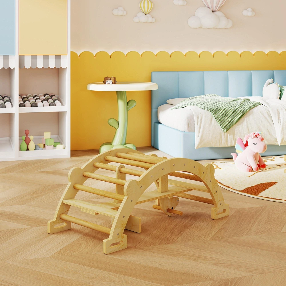 Montessori laipynė patalpai, 2 viename medinis laipiojimo lankas, vaikams nuo 2-4 metų, 110x52x45 cm, natūralus medis