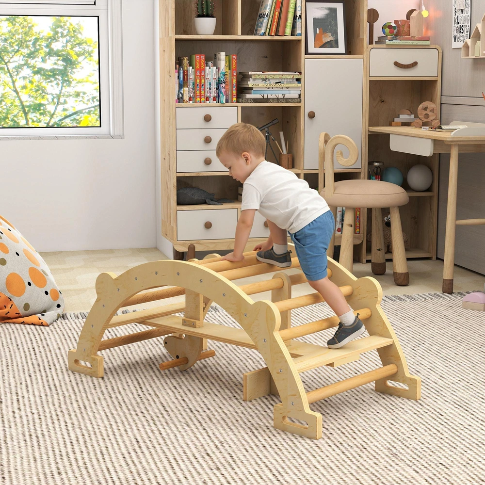Montessori laipynė patalpai, 2 viename medinis laipiojimo lankas, vaikams nuo 2-4 metų, 110x52x45 cm, natūralus medis