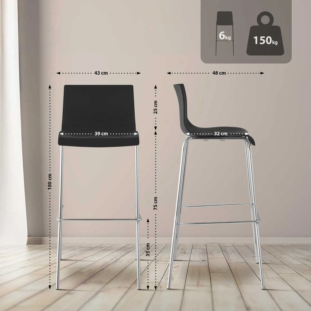 Mville Hover baro kėdė, plastikinė, 4 kojos, juoda, chromuota