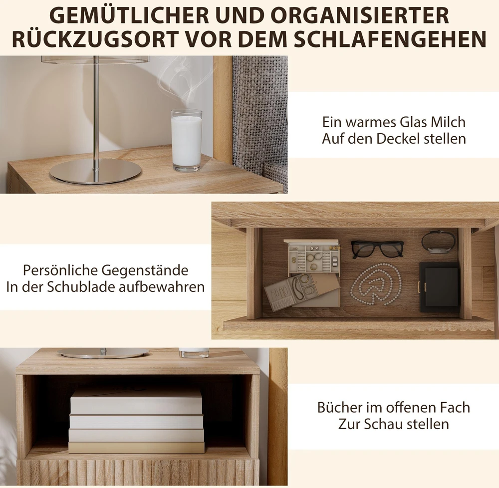 Naktinis staliukas, dizainas be rankenėlių, atvira niša, stalčius, tvirtinamas prie sienos, šviesiai rudos spalvos