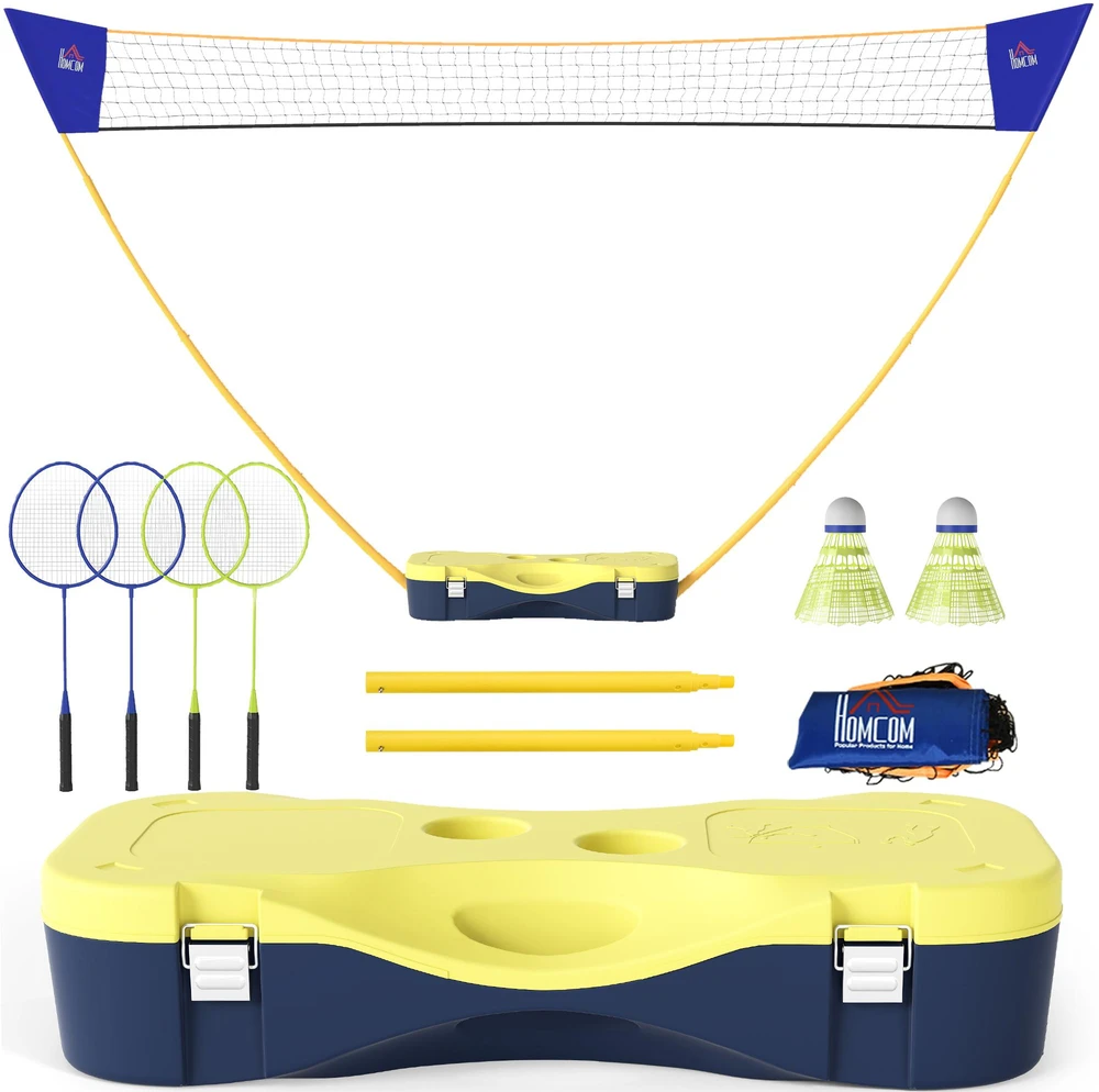 HOMCOM badmintono tinklas su stovu, badmintono tinklo stovas, nešiojamas tinklo stovas, badmintono tinklas su 4 badmintono raketėmis, lauko sportui, geltona + mėlyna