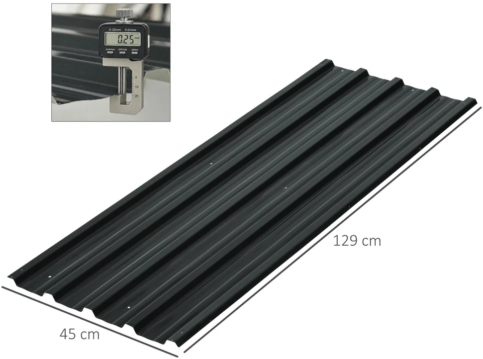 Outsunny 12 vnt. trapecinės skardos lakštai 129x45cm 7m² cinkuota stogo danga 0,25 mm atspari oro sąlygoms profiliuota skarda cinkuotas plienas stogo plokštės stogo panelės plieninės skardos lakštai gofruotos skardos lakštai stogui sandėliukui stoginei tamsiai pilka
