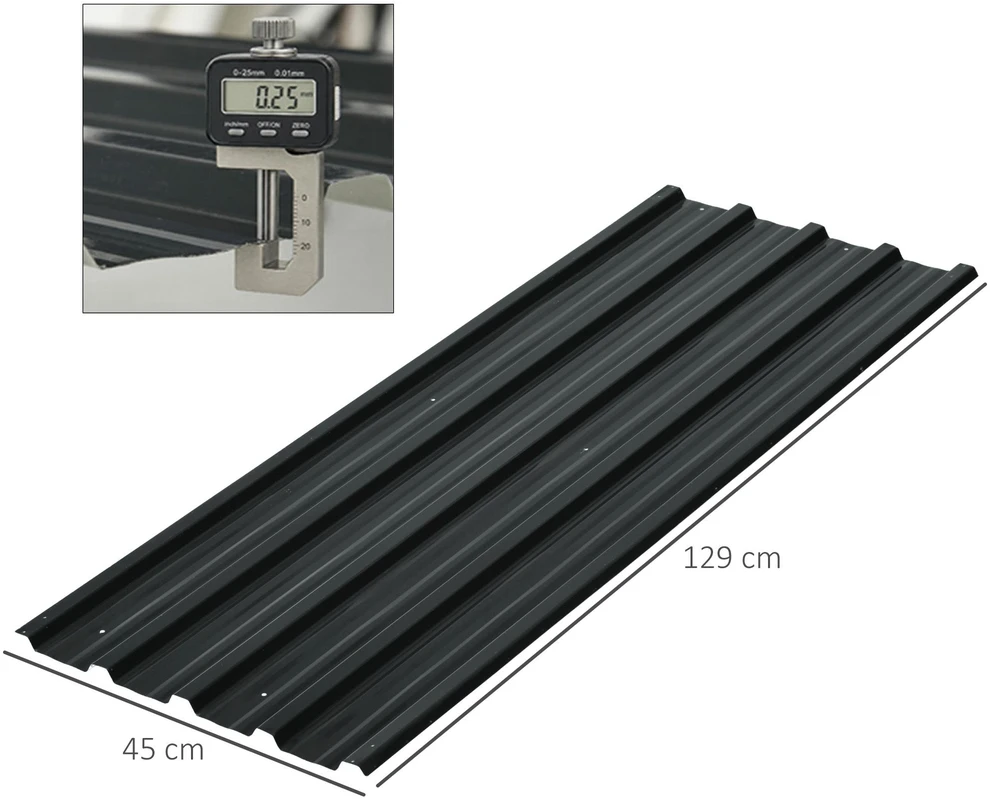 Outsunny 12 vnt. trapecinės skardos lakštai 129x45cm 7m² cinkuota stogo danga 0,25 mm atspari oro sąlygoms profiliuota skarda cinkuotas plienas stogo plokštės stogo panelės plieninės skardos lakštai gofruotos skardos lakštai stogui sandėliukui stoginei tamsiai pilka