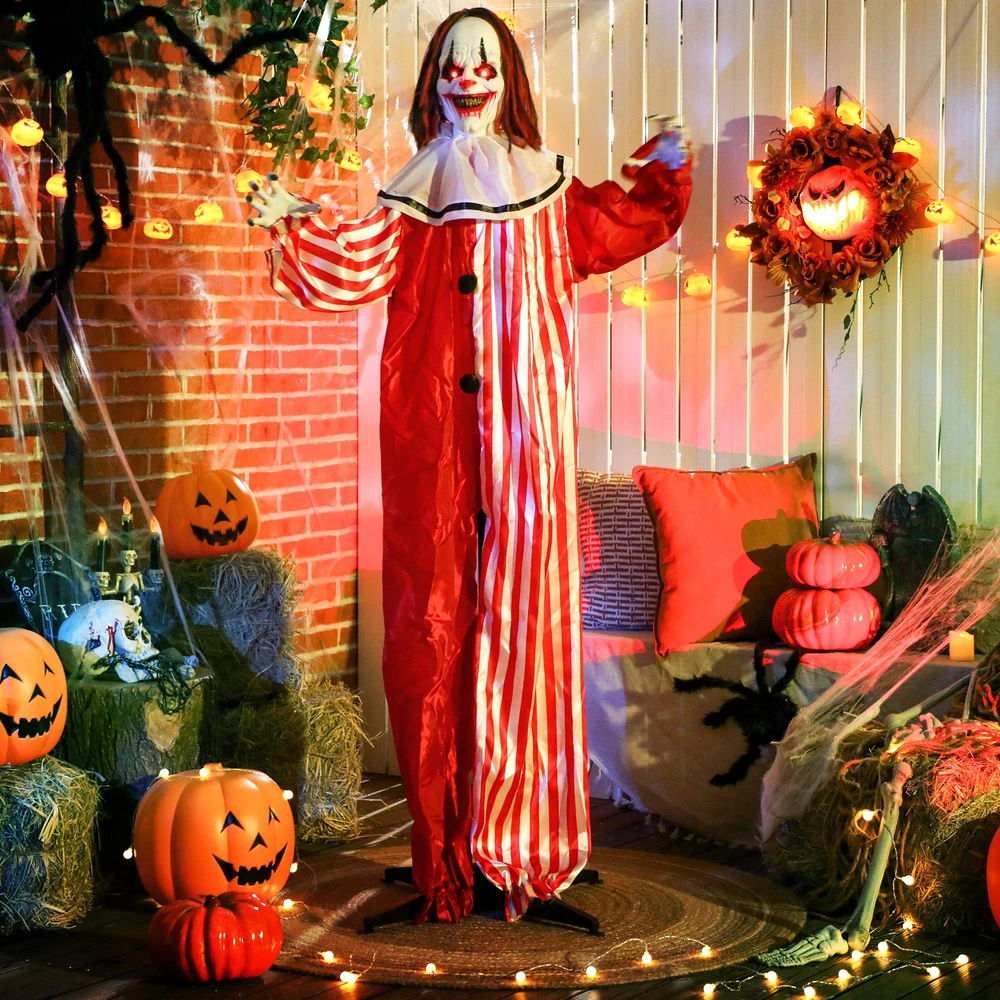 Animatroninė klouno dekoracija su LED akimis ir garso aktyvinimu, raudona/balta, 70 × 16 × 165 cm