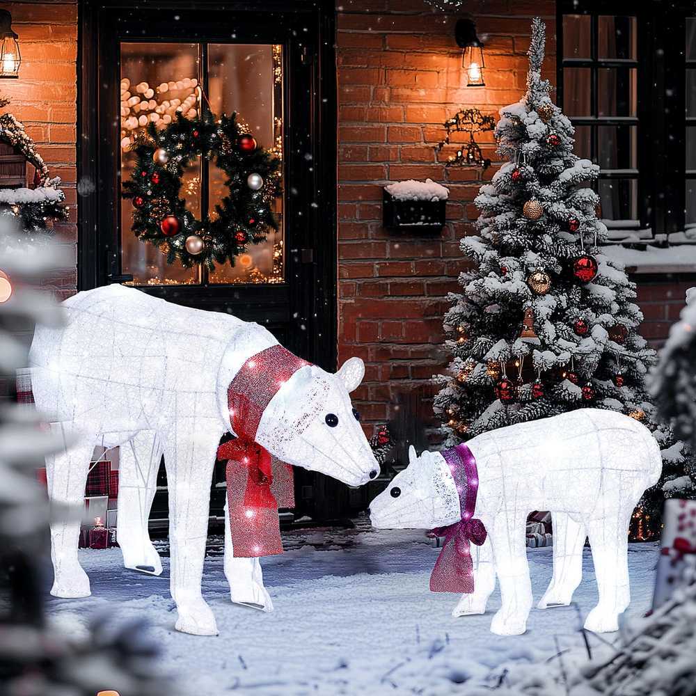 Kalėdinė dekoracija, baltųjų lokių pora su 140 LED, balta ir raudona, 80 × 30 × 60 cm ir 53,5 × 20 × 40 cm, 2 vnt.