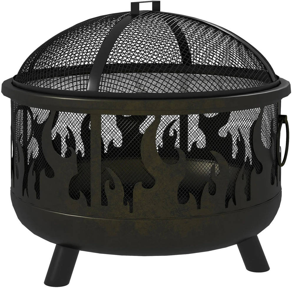 Outsunny 2-in-1 laužavietė, kepsninė su apsauga nuo žiežirbų ir grotelėmis, skirta sodui, BBQ, metalinė, juoda, Ø61x55cm