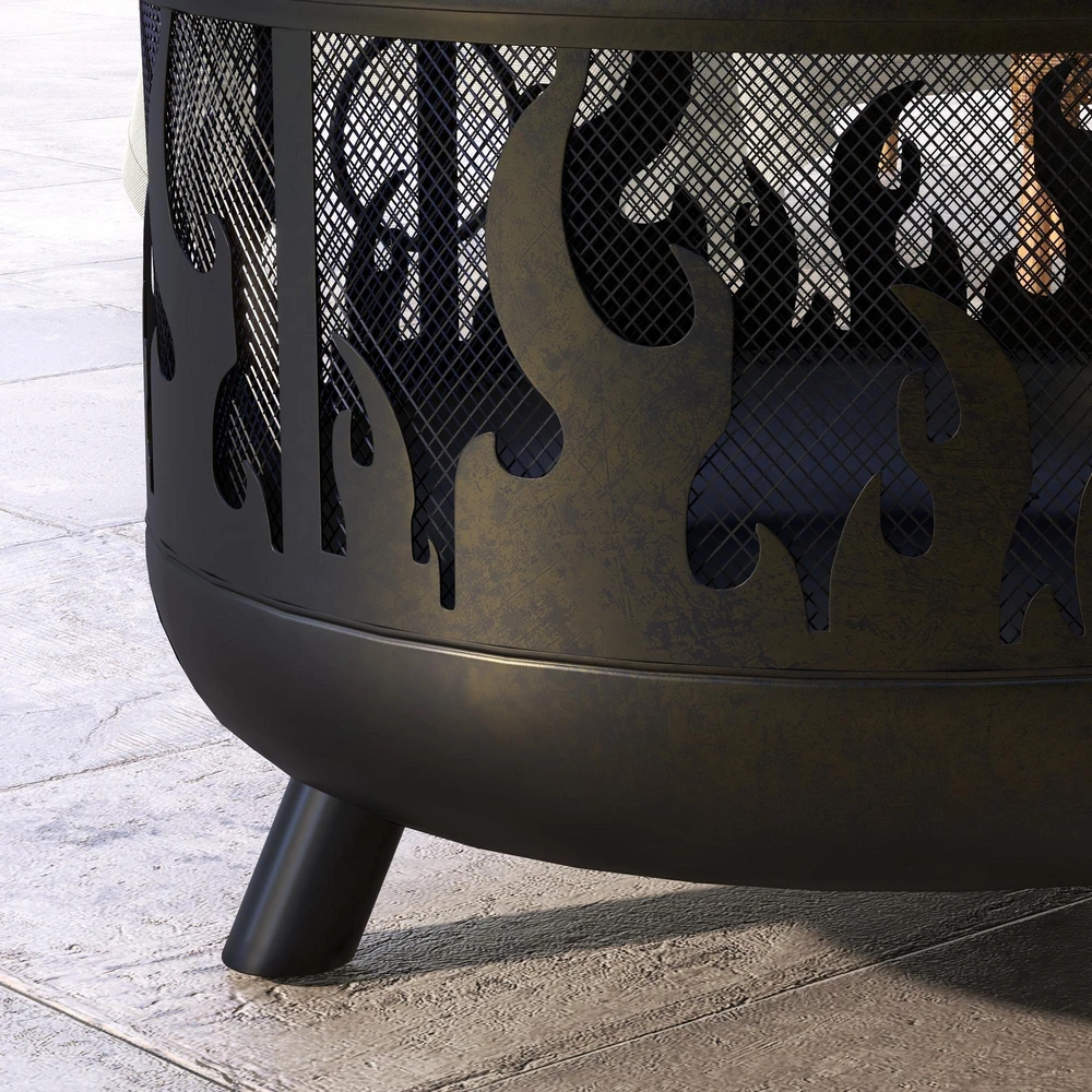 Outsunny 2-in-1 laužavietė, kepsninė su apsauga nuo žiežirbų ir grotelėmis, skirta sodui, BBQ, metalinė, juoda, Ø61x55cm