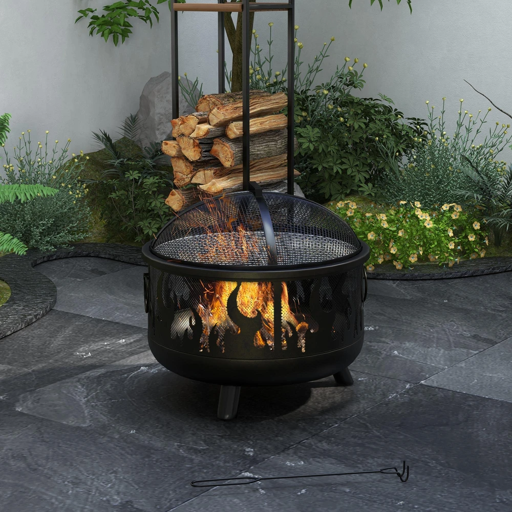Outsunny 2-in-1 laužavietė, kepsninė su apsauga nuo žiežirbų ir grotelėmis, skirta sodui, BBQ, metalinė, juoda, Ø61x55cm