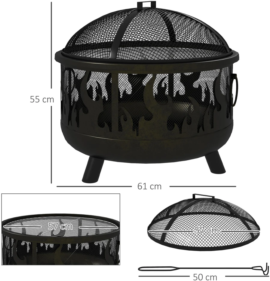 Outsunny 2-in-1 laužavietė, kepsninė su apsauga nuo žiežirbų ir grotelėmis, skirta sodui, BBQ, metalinė, juoda, Ø61x55cm