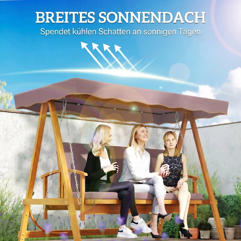 „Outsunny“ 2-in-1 sodo sūpynės su gulto funkcija, 3 vietų medinės sodo sūpynės, medinės sūpynės su stogeliu ir sėdimąja dalimi, suoliukas-sūpynės iki 330 kg, sodui, terasai, 236x130x181 cm, rudos