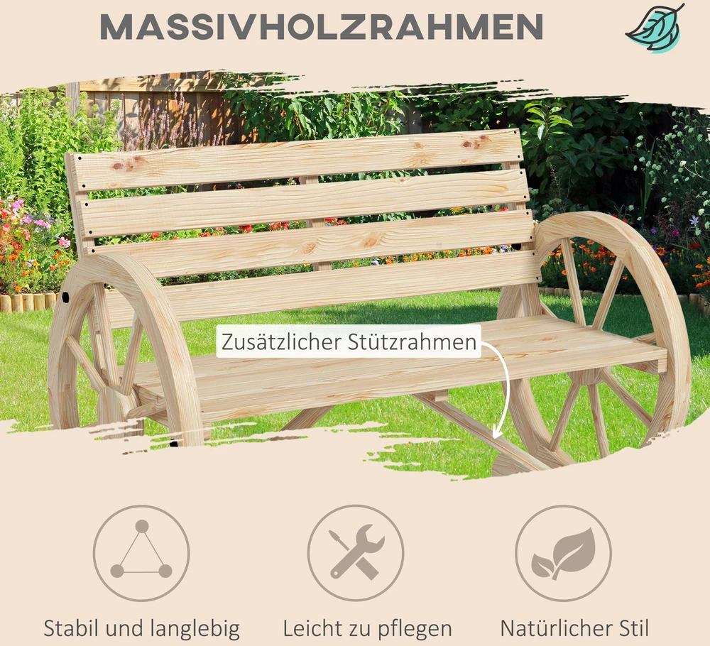 Outsunny 2-vietis sodo suoliukas, medinis suoliukas su vežimo rato dizainu, kaimiško stiliaus suoliukas su porankiais, keliamoji galia iki 240 kg, natūralios spalvos eglės mediena