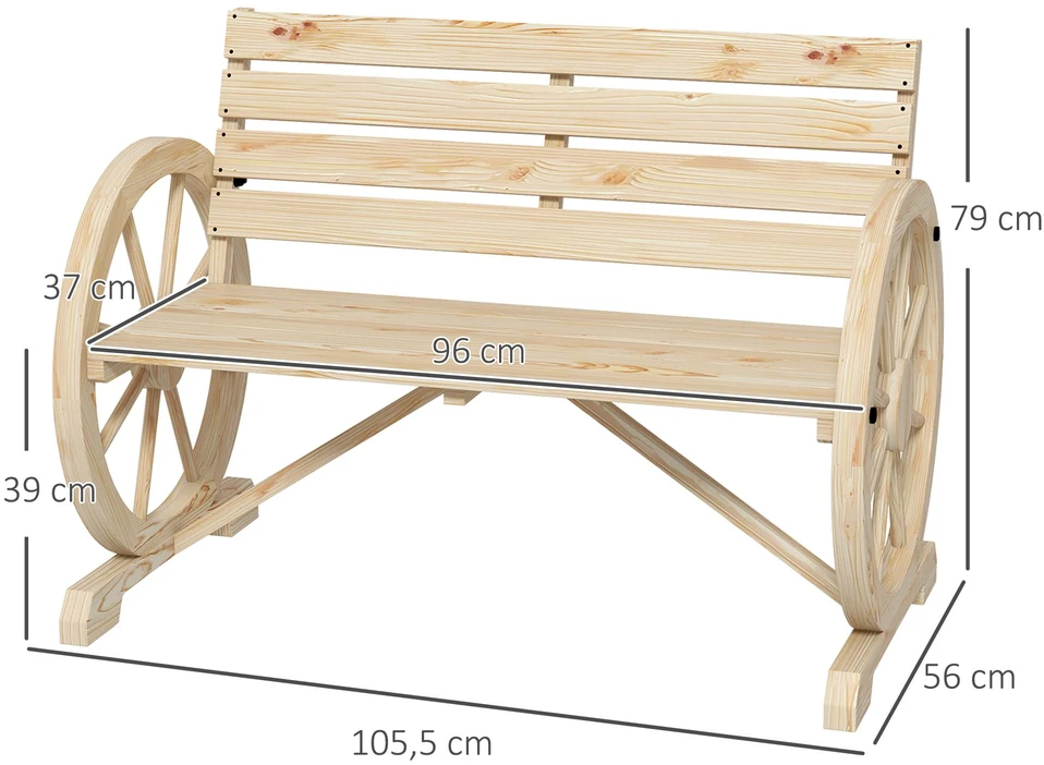 Outsunny 2-vietis sodo suoliukas, medinis suoliukas su vežimo rato dizainu, kaimiško stiliaus suoliukas su porankiais, keliamoji galia iki 240 kg, natūralios spalvos eglės mediena