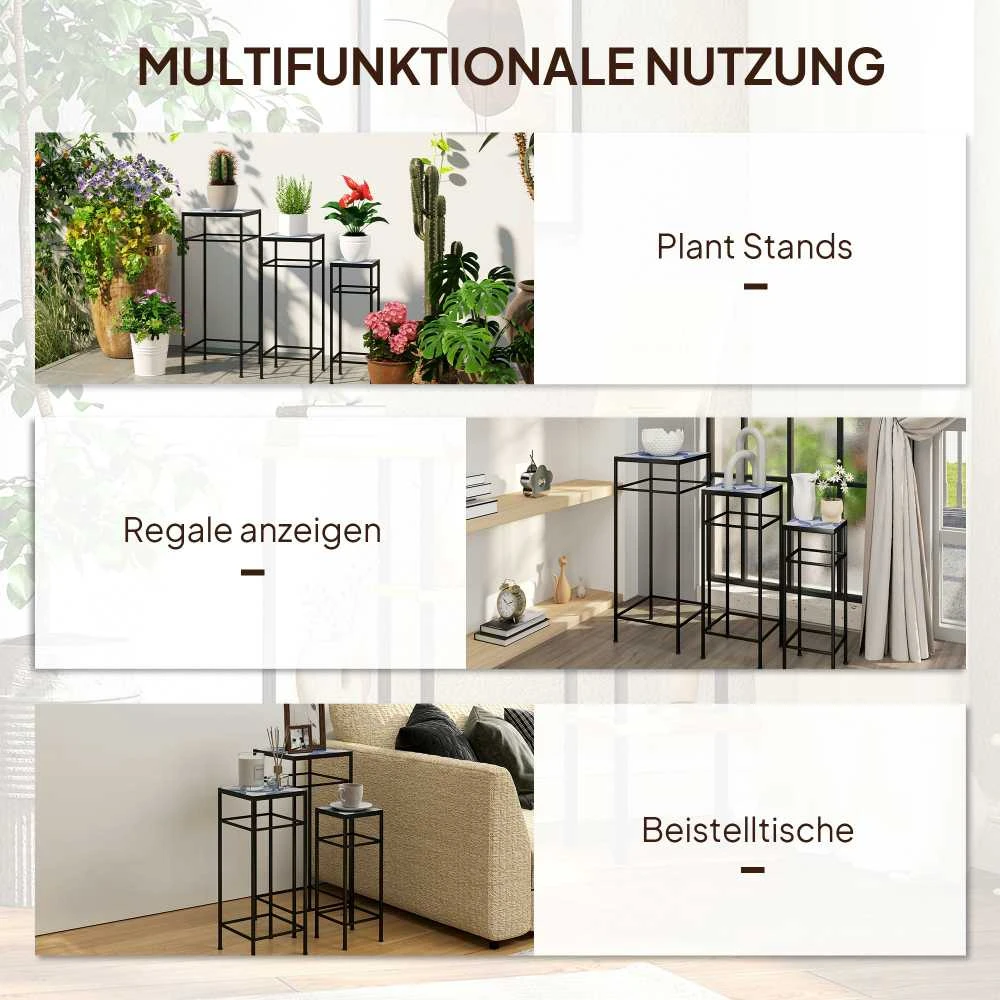 "Outsunny" 3 augalų stovų rinkinys, 71 cm aukščio kambarinių gėlių stovas, metalinis augalų stovas, 3 skirtingų dydžių gėlių stovai, gėlių taburetė, gėlių vazonų stovas kambariui, sodui, balkonui Mėlyna+balta