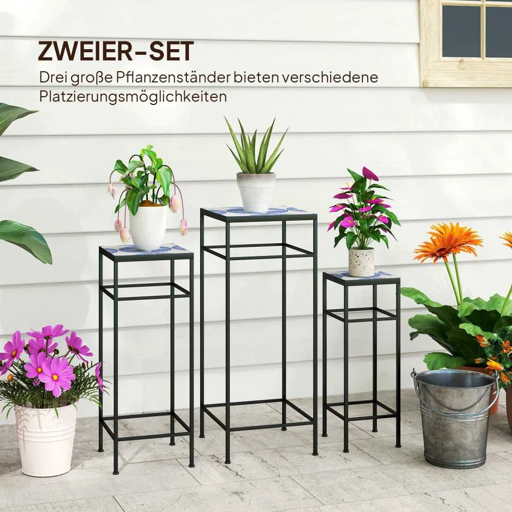 "Outsunny" 3 augalų stovų rinkinys, 71 cm aukščio kambarinių gėlių stovas, metalinis augalų stovas, 3 skirtingų dydžių gėlių stovai, gėlių taburetė, gėlių vazonų stovas kambariui, sodui, balkonui Mėlyna+balta