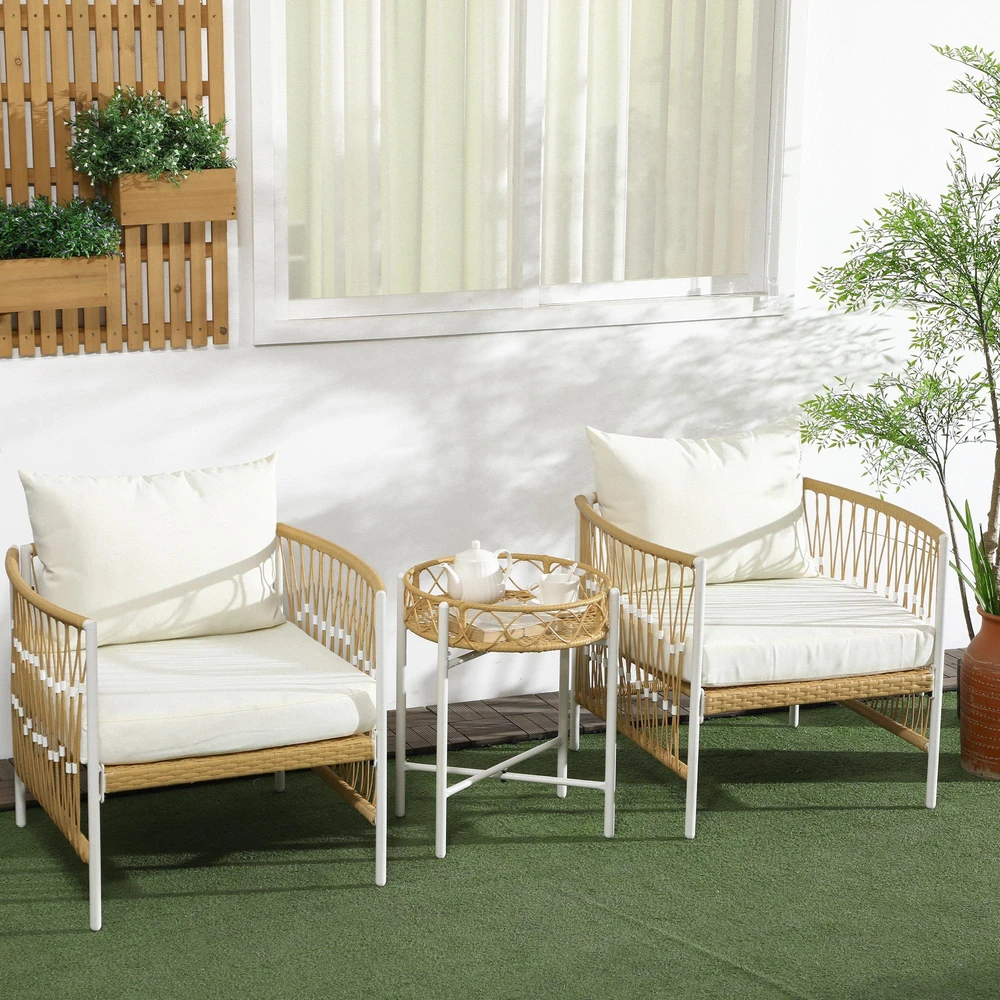 Lauko baldų komplektas Outsunny 3 dalių rataninių sodo baldų komplektas, sodo baldai su 2 kėdėmis, žurnaliniu staliuku, balkono baldų rinkinys su pagalvėlėmis, balkonui, terasai, geltona+kreminė spalva