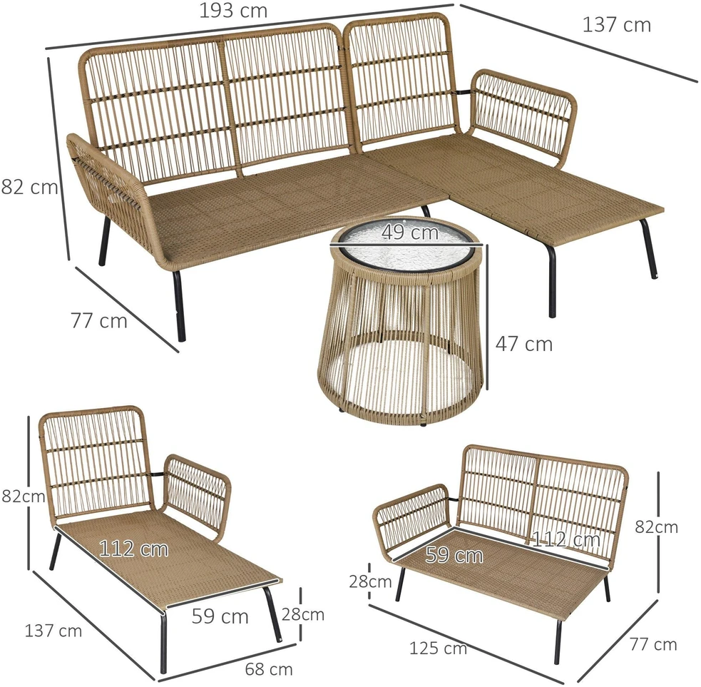 Lauko baldų komplektas 3 dalių rotango sodo baldų komplektas, 2 vietų sofa su šezlongu ir staliuku