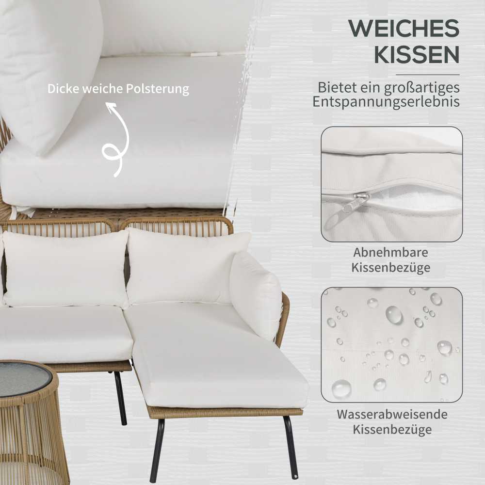 Lauko baldų komplektas Outsunny 3 dalių rotango sodo baldų komplektas, 2 vietų sofa su šezlongu ir staliuku